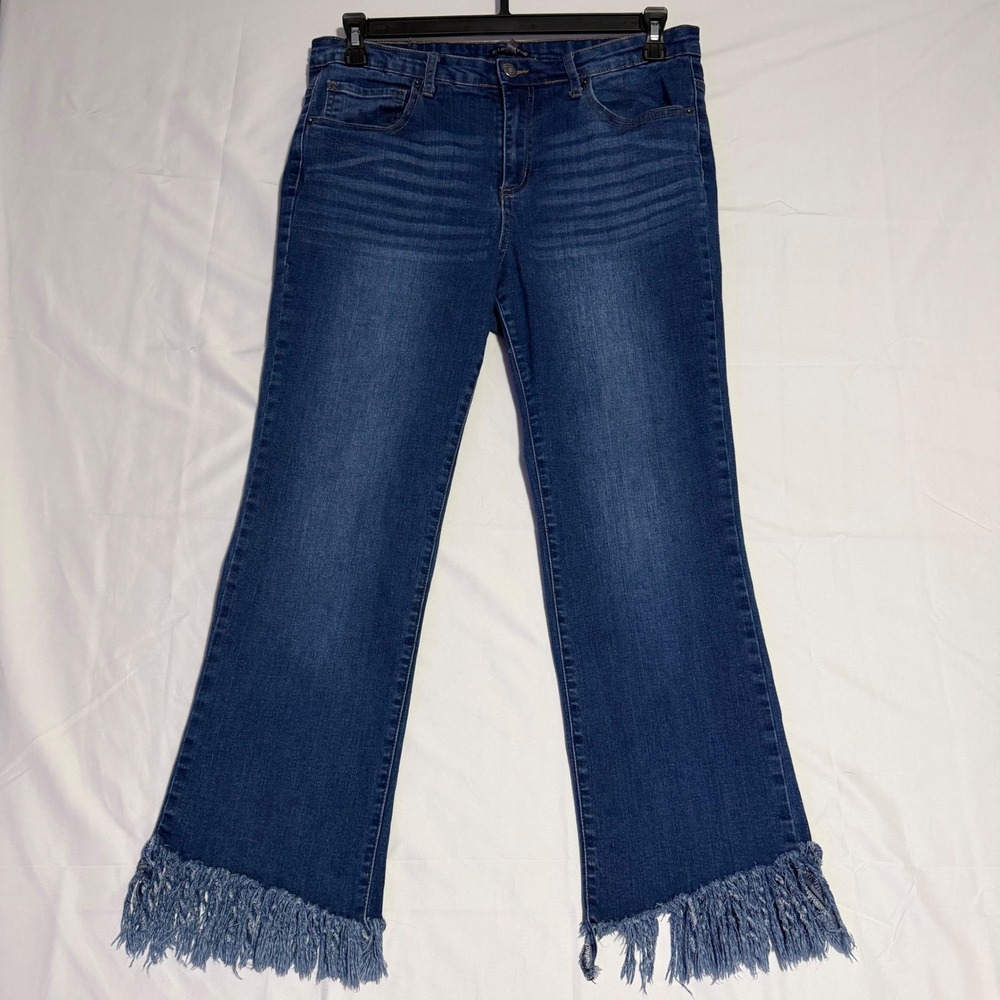 Elliott & Vine Womens Fringe Hem Cropped Jeans Medium Wash Straight Leg Denim‎